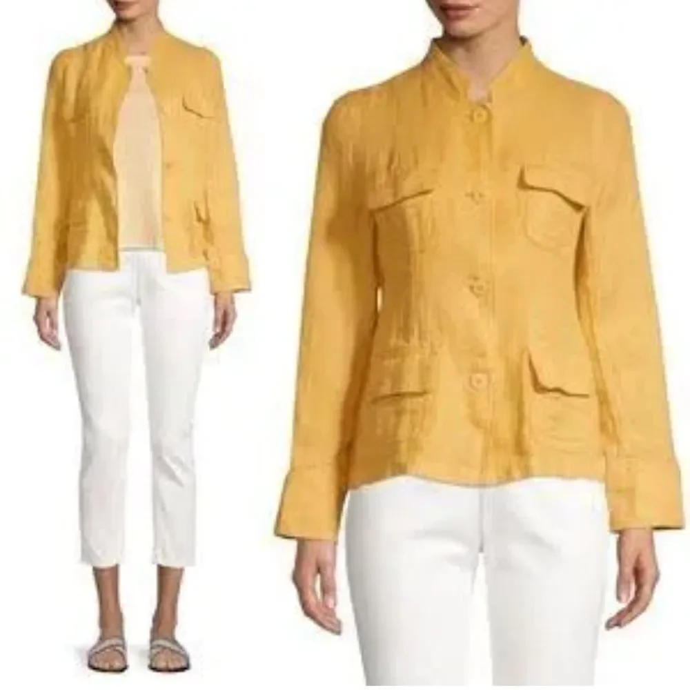 Eileen Fisher yellow linen flap pocket jacket size small